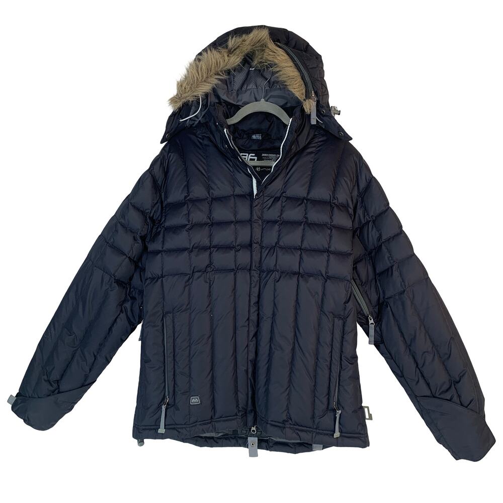 686 Insulated Snow Jacket Women L Blue Hooded Quilted Ski Coat Faux Fur Trim